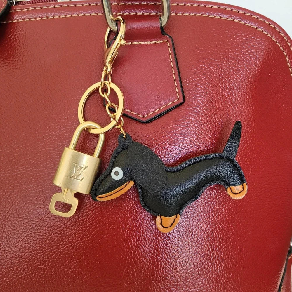 Louis Vuitton Lock and Key with Black Leather Dachshund Dog Bag Charm Keychain